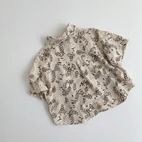 Camicia a Maniche Corte con Stampa di Foglie di Pianta Retrò per Bambini in Cotone con Colletto Rovesciato Top Estivo Casual per Ragazzi e Ragazze