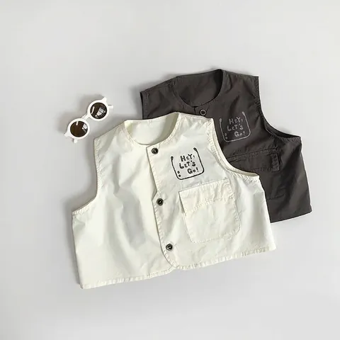 Kids Cotton Vest Sleeveless Jacket Single Breasted Cargo Style Waistcoat Hey Let's Go Print For Boys Girls Summer Fashion