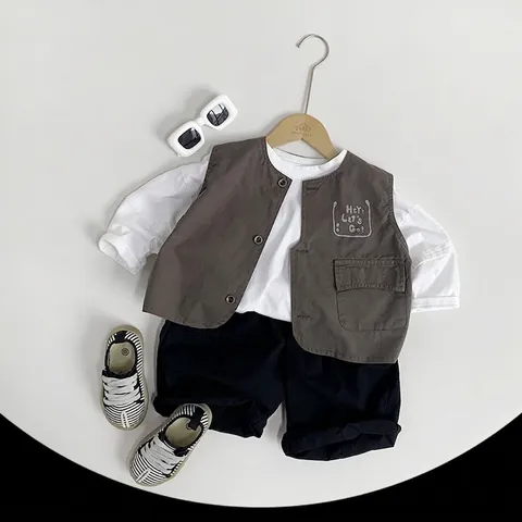 Kids Cotton Vest Sleeveless Jacket Single Breasted Cargo Style Waistcoat Hey Let's Go Print For Boys Girls Summer Fashion