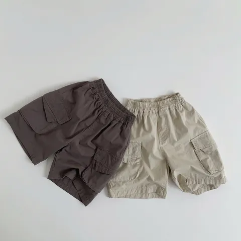 Pantaloncini Cargo per Bambini Ragazzi Ragazze Cotone Casual Estate Pantaloncini Con Tasche Vita Elastica Tinta Unita