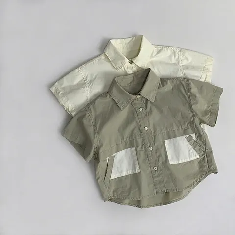Jongens Japanse Stijl Katoen Korte Mouw Shirt Kinderen Casual Kleurblok Zak Omslagkraag Button Down Workwear Top Voor 3-8 Jaar