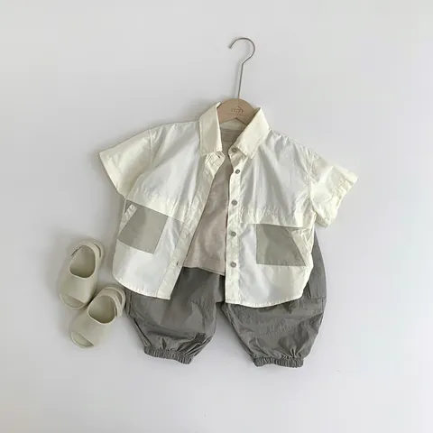 Jongens Japanse Stijl Katoen Korte Mouw Shirt Kinderen Casual Kleurblok Zak Omslagkraag Button Down Workwear Top Voor 3-8 Jaar