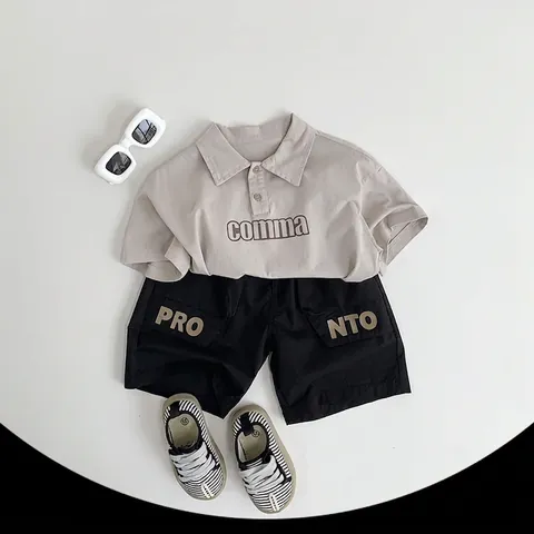 Polo en Coton pour Enfants Style Coréen Ample Manches Courtes Imprimé Lettres Top Été Mince Respirant Vêtements pour Enfants