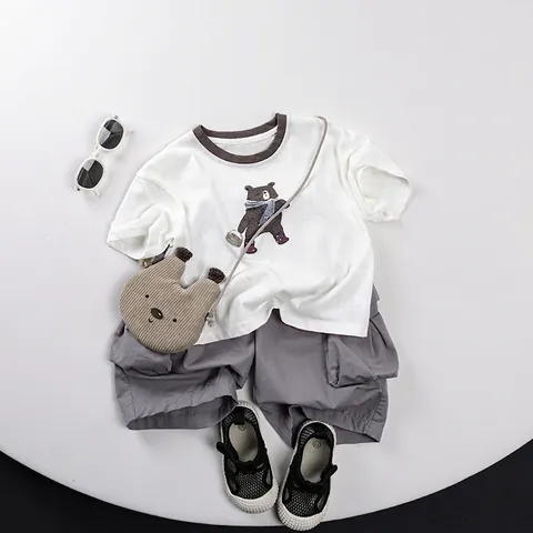 Kids Cotton Cargo Shorts For Boys Girls Summer Casual Elastic Waist Japanese Style Loose Fit Solid Color Cropped Pants
