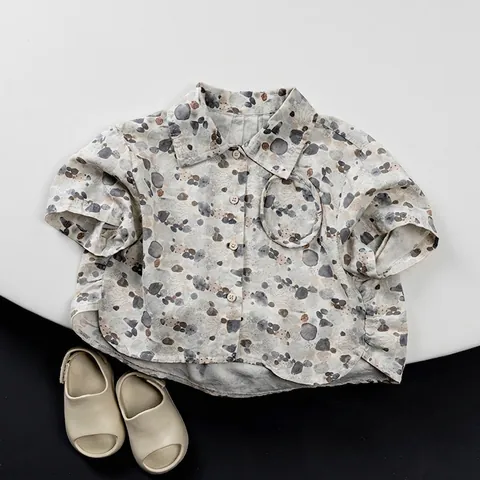 Kinderen Katoen Korte Mouw Overhemd Koreaanse Stijl Abstracte Kasseien Print Zomer Casual Button Down Top Voor Jongens Meisjes