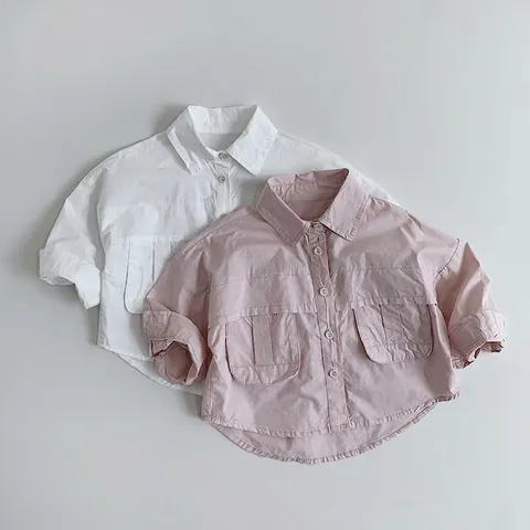 Camisa de Manga Larga de Puro Algodón Casual para Niños Color Sólido Cuello Vuelto Doble Bolsillo Blusa para Niños Niñas