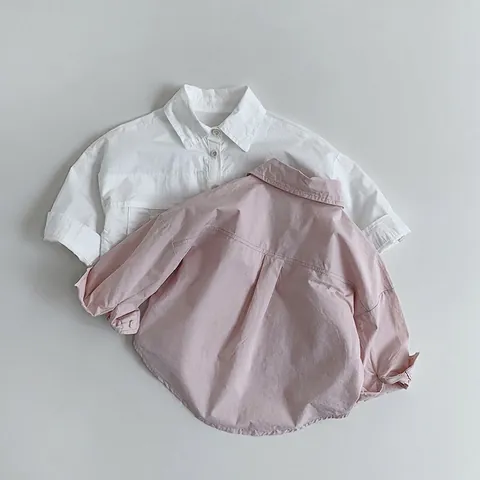 Camisa de Manga Larga de Puro Algodón Casual para Niños Color Sólido Cuello Vuelto Doble Bolsillo Blusa para Niños Niñas