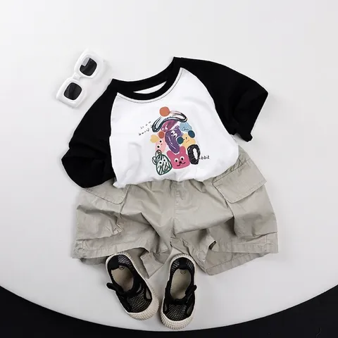 Kinderen Katoen Korte Mouw T-Shirt Koreaanse Stijl Cartoon Print Raglanmouwen Zomer Casual Top Voor Baby Jongens Meisjes