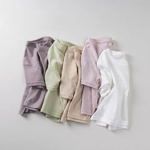 Summer Kids Short Sleeve Cotton T-Shirt Solid Color Round Neck Top Boys Girls Toddler Basic Casual Korean Style Tee