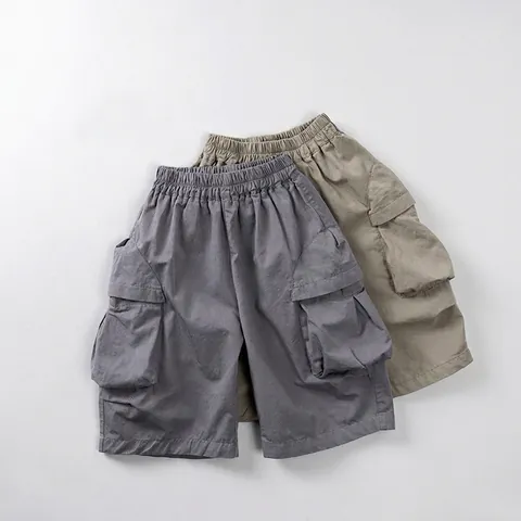 Kids Cotton Cargo Shorts For Boys Girls Summer Casual Elastic Waist Japanese Style Loose Fit Solid Color Cropped Pants