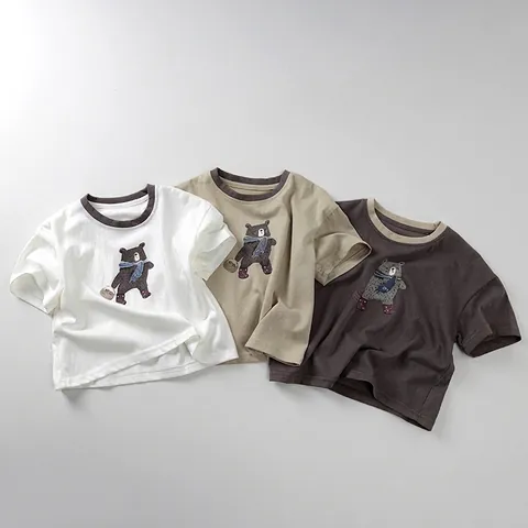 Kids Summer Short Sleeve T-Shirt Cotton Blend Cartoon Bear Print Round Neck Casual Top For Boys Girls Breathable Soft Tee