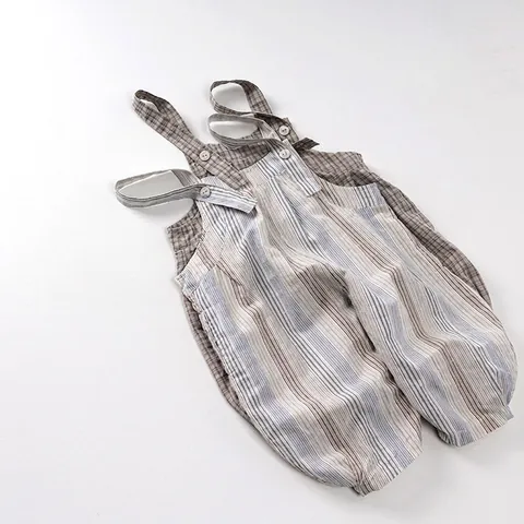 Japanese Style Kids Cotton Overalls Boys Girls Summer Thin Striped Plaid Romper Loose Jumper For Toddler Comfortable Baby Clothes