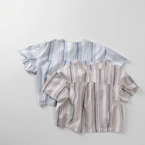Kinder Baumwolle Gestreiftes Kurzarmhemd Koreanischer Mori Stil Atmungsaktives T-Shirt Top Für Kleinkinder Jungen Mädchen Sommerkleidung