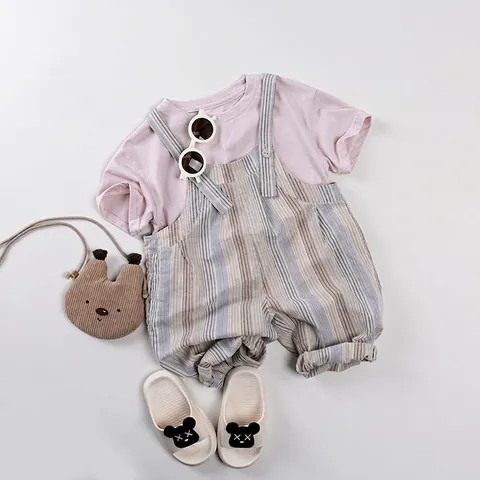Japanese Style Kids Cotton Overalls Boys Girls Summer Thin Striped Plaid Romper Loose Jumper For Toddler Comfortable Baby Clothes