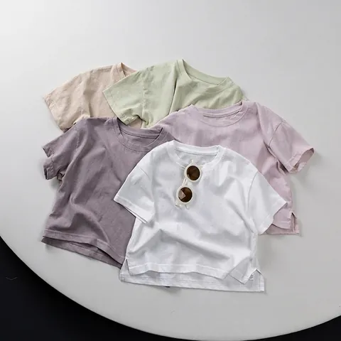 Summer Kids Short Sleeve Cotton T-Shirt Solid Color Round Neck Top Boys Girls Toddler Basic Casual Korean Style Tee