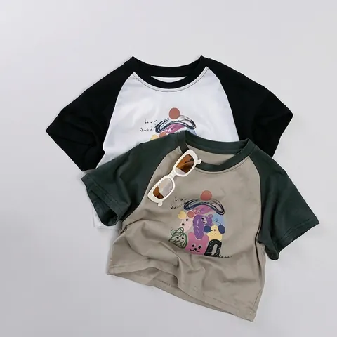 Kinderen Katoen Korte Mouw T-Shirt Koreaanse Stijl Cartoon Print Raglanmouwen Zomer Casual Top Voor Baby Jongens Meisjes