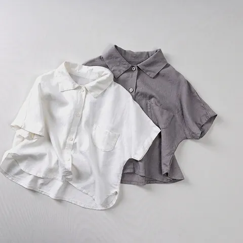Toddler Kids Summer Linen Shirt Short Sleeve Button Up Casual Loose Top For Boys Girls Soft Breathable Turn Down Collar Shirt