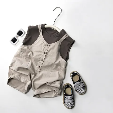 Baby Kids Unisex Cotton Jumpsuit Overalls Korean Style Summer Toddler Suspender Romper Sleeveless Solid Color Bodysuit Pants