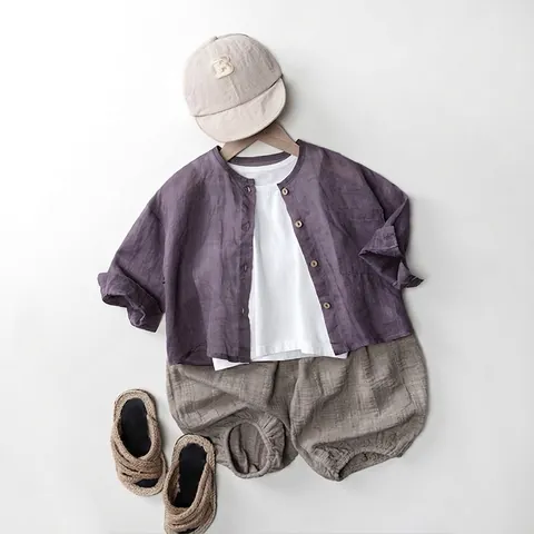 Kids Ramie Sun Protection Shirt Cardigan Long Sleeve Forest Style Round Neck Wood Buttons Minimalist Tops For Boys Girls