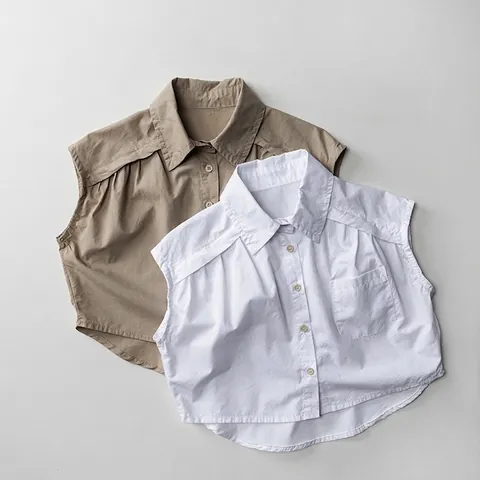 Camicia in Cotone Senza Maniche per Bambini Estate Casual Tinta Unita Revers Abbottonato Gilet Top per Ragazzi Ragazze Stile Coreano