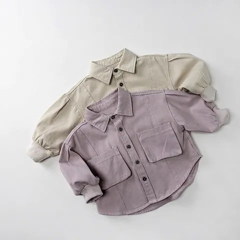 Camicia Giacca per Bambini in Cotone a Maniche Lunghe Stile Cargo Coreano Tinta Unita Con Polsini a Costine e Tasche