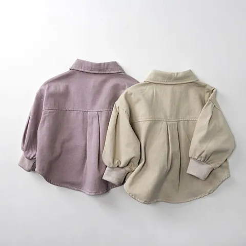 Camicia Giacca per Bambini in Cotone a Maniche Lunghe Stile Cargo Coreano Tinta Unita Con Polsini a Costine e Tasche