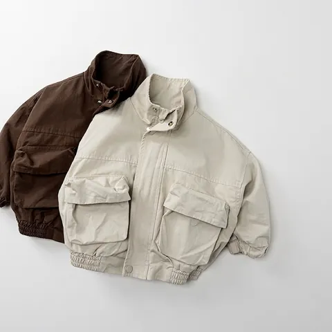 Kids Cotton Cargo Jacket Korean Style Stand Collar Long Sleeve Windproof Workwear Coat For Boys Girls Casual Autumn Outerwear