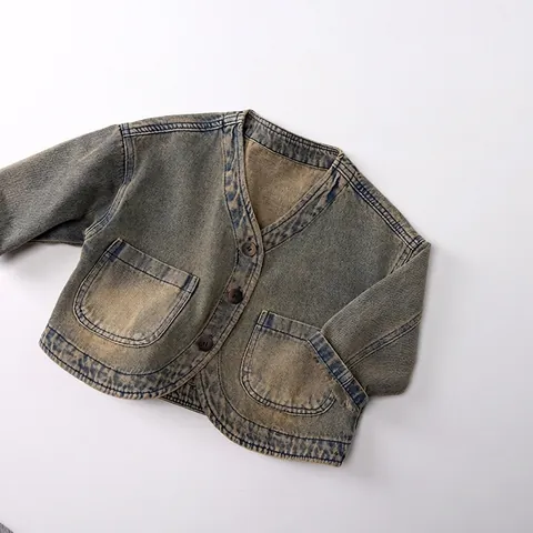 Giacca di Denim Lavato Vintage per Bambini Stile Coreano Girocollo Monopetto Cappotto in Misto Cotone Capispalla