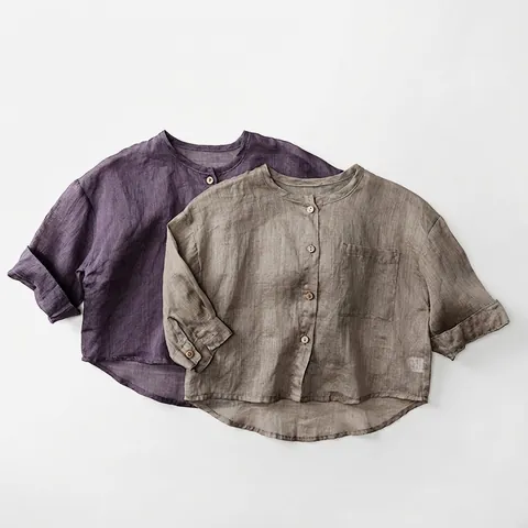 Kids Ramie Sun Protection Shirt Cardigan Long Sleeve Forest Style Round Neck Wood Buttons Minimalist Tops For Boys Girls