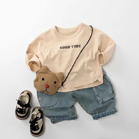 Korean Style Kids Cotton Long Sleeve T-Shirt Letter Print Round Neck Casual Pullover Top For Boys And Girls Autumn