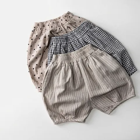 Summer Kids Cotton Shorts Toddler Bloomers Korean Style Striped Checked Polka Dot Loose Soft Casual Pants For Boys Girls