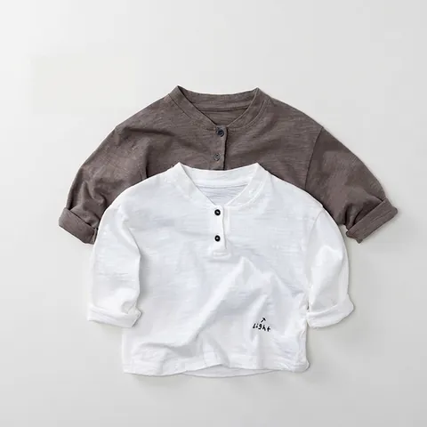 Maglietta a Maniche Lunghe in Cotone Slub per Bambini Casual Collo Henley Stampa Lettere Top per Ragazzi Ragazze Vestiti Morbidi