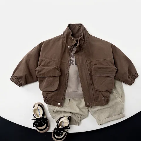 Kids Cotton Cargo Jacket Korean Style Stand Collar Long Sleeve Windproof Workwear Coat For Boys Girls Casual Autumn Outerwear