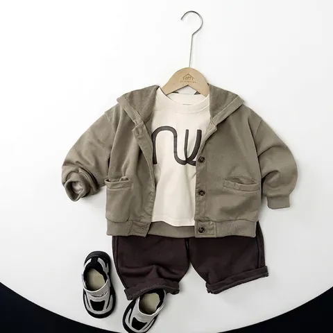 Giacca Cardigan con Cappuccio in Maglia di Cotone per Bambini Tinta Unita Monopetto Casual Capispalla per Ragazzi Ragazze Autunno