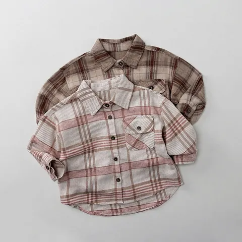 Kids Casual Cotton Plaid Long Sleeve Shirt Korean Style Lapel Collar Button Down Top For Boys And Girls Autumn Daily Apparel