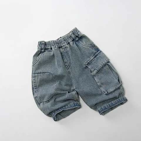 Jeans Cargo pour Enfants Style Coréen Bleu Vintage Taille Élastique Denim pour Garçons Filles Automne Décontracté Long