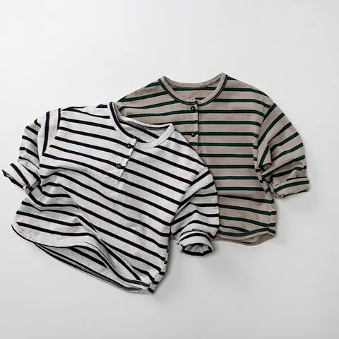 Maglietta a Righe in Cotone a Maniche Lunghe per Bambini Top Henley per Neonati Ragazzi Ragazze Casual Stile Coreano