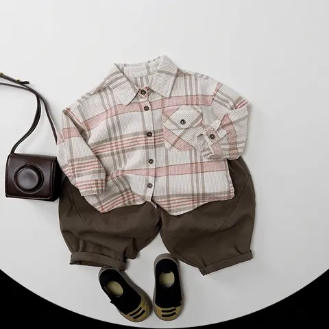 Kids Casual Cotton Plaid Long Sleeve Shirt Korean Style Lapel Collar Button Down Top For Boys And Girls Autumn Daily Apparel