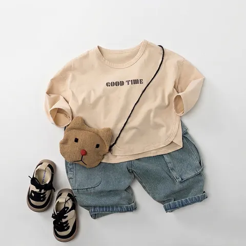 Jeans Cargo pour Enfants Style Coréen Bleu Vintage Taille Élastique Denim pour Garçons Filles Automne Décontracté Long