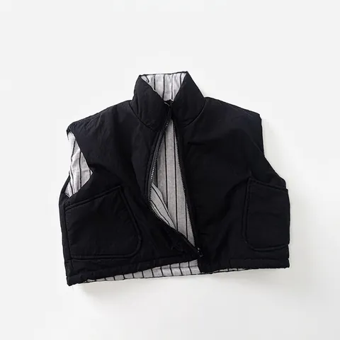 Gilet Rembourré pour Enfants Hiver Chaud Veste Sans Manches Noir Doublure Rayée Col Montant Fermeture Éclair Gilet Garçons Filles
