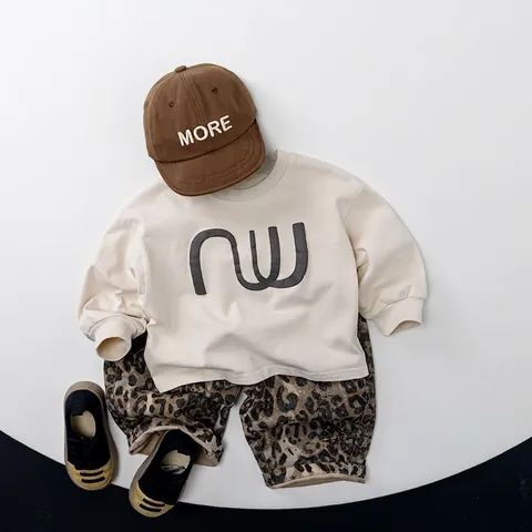 Children's Cotton Long Sleeve Sweatshirt Letter Print Round Neck Casual Pullover For Boys Girls Autumn Japanese Korean Style