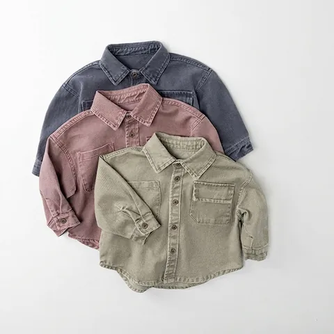 Boys Casual Cotton Long Sleeve Shirt Korean Style Loose Solid Color Double Pocket Top For Kids Autumn Everyday Clothing