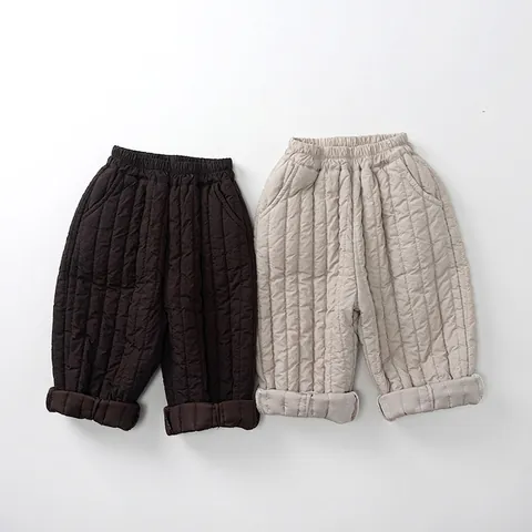 Pantalons Matelassés Rembourrés pour Enfants de Style Coréen pour Garçons et Filles Automne Hiver Pantalons en Coton Chaud avec Taille Élastique Couleur Unie