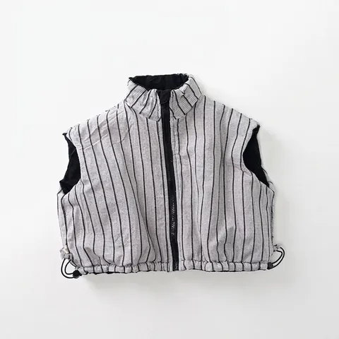 Gilet Rembourré pour Enfants Hiver Chaud Veste Sans Manches Noir Doublure Rayée Col Montant Fermeture Éclair Gilet Garçons Filles
