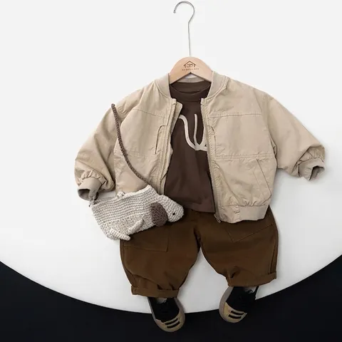 Kids Cotton Bomber Jacket Korean Style Solid Color Stand Collar Zipper Casual Coat For Boys Girls Spring Autumn Outerwear