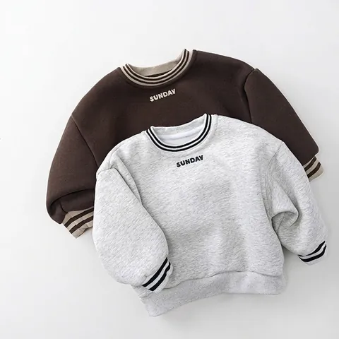 Sweat-shirt Doublé Polaire pour Enfants Décontracté Coton Chaud Hiver Pullover Avec Imprimé Lettres Poignets Rayés pour Garçons Filles