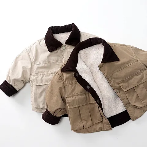 Giacca Invernale per Bambini Foderata in Sherpa con Inserti in Velluto a Coste Cappotto in Cotone Caldo Workwear Retro per Bambini