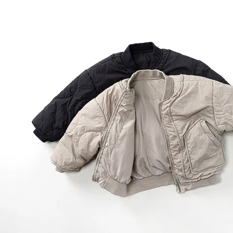 Korean Style Kids Lightweight Quilted Bomber Jacket Nylon Padding Warm Outerwear For Boys Girls Solid Color Zipper Coat