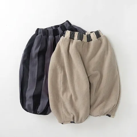 Korean Style Kids Striped Pants Autumn Winter Thick Fleece Lined Warm Cotton Loose Balloon Trousers For Boys Girls