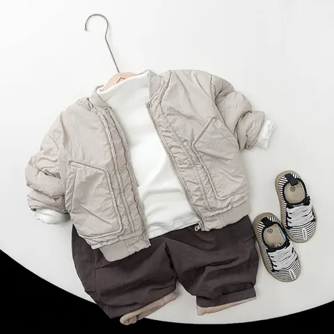 Korean Style Kids Lightweight Quilted Bomber Jacket Nylon Padding Warm Outerwear For Boys Girls Solid Color Zipper Coat